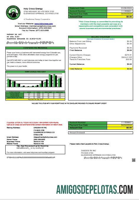 imprimível Modelo de conta de serviços públicos de energia da Santa Cruz dos EUA Colorado em formatos Word e PDF